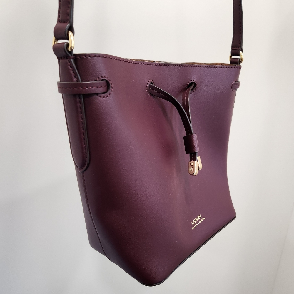 Lauren Ralph Lauren Cross Body Bucket Bag, Maroon with Gold Details.